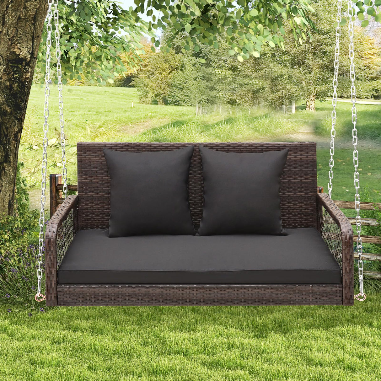 Tangkula Wicker Outdoor Porch Swing, 800 LBS Capacity Outdoor Swing Bench with Hanging Chains, Back and Seat Cushions, 2-Seater Hanging Patio Bench for Deck, Garden, Yard (Black) Tangkula