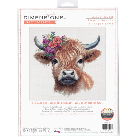 Dimensions 70-35449 Highland Cow Counted Cross Stitch Kit, 11" x 11", 14 Cnt. White Aida, 4 Pieces Dimensions