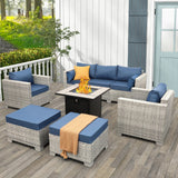 WAROOM Patio Furniture Set 6 Piece Outdoor Patio Set Grey Wicker Balcony Furniture Conversation Sets PE Rattan Couch Sofa with Fire Pit Table, Blue Cushion WAROOM
