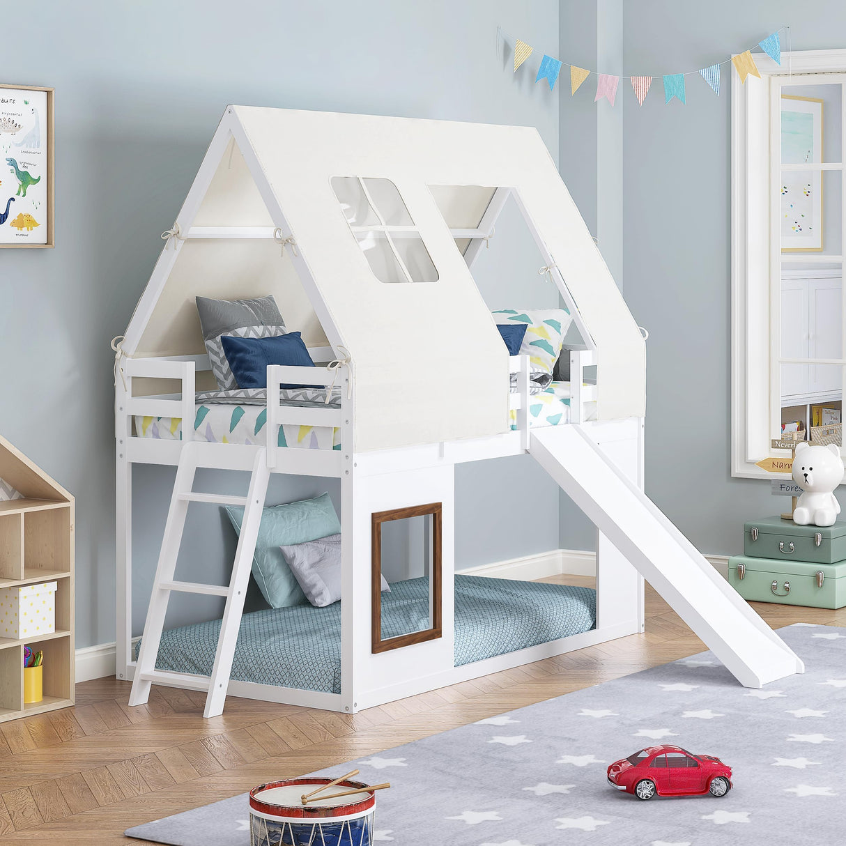 Spirich Kids Bunk Bed with Slide and Ladder, House Bed for Kids with Bed Tent, Playhouse Style Wooden Twin Loft Bed Frames with Roof, Windows, White Spirich