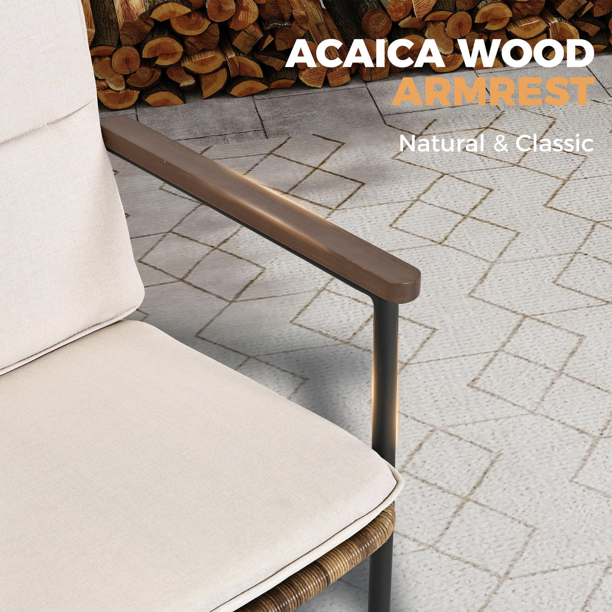 HAPPATIO 9 Piece Patio Dining Set Outdoor, 8 Wicker Chairs with Aluminum Frame and Olefin Cushions, Large Wooden Dining Table with Umbrella Hole,Patio Table and Chairs for Backyard Garden Porch HAPPATIO