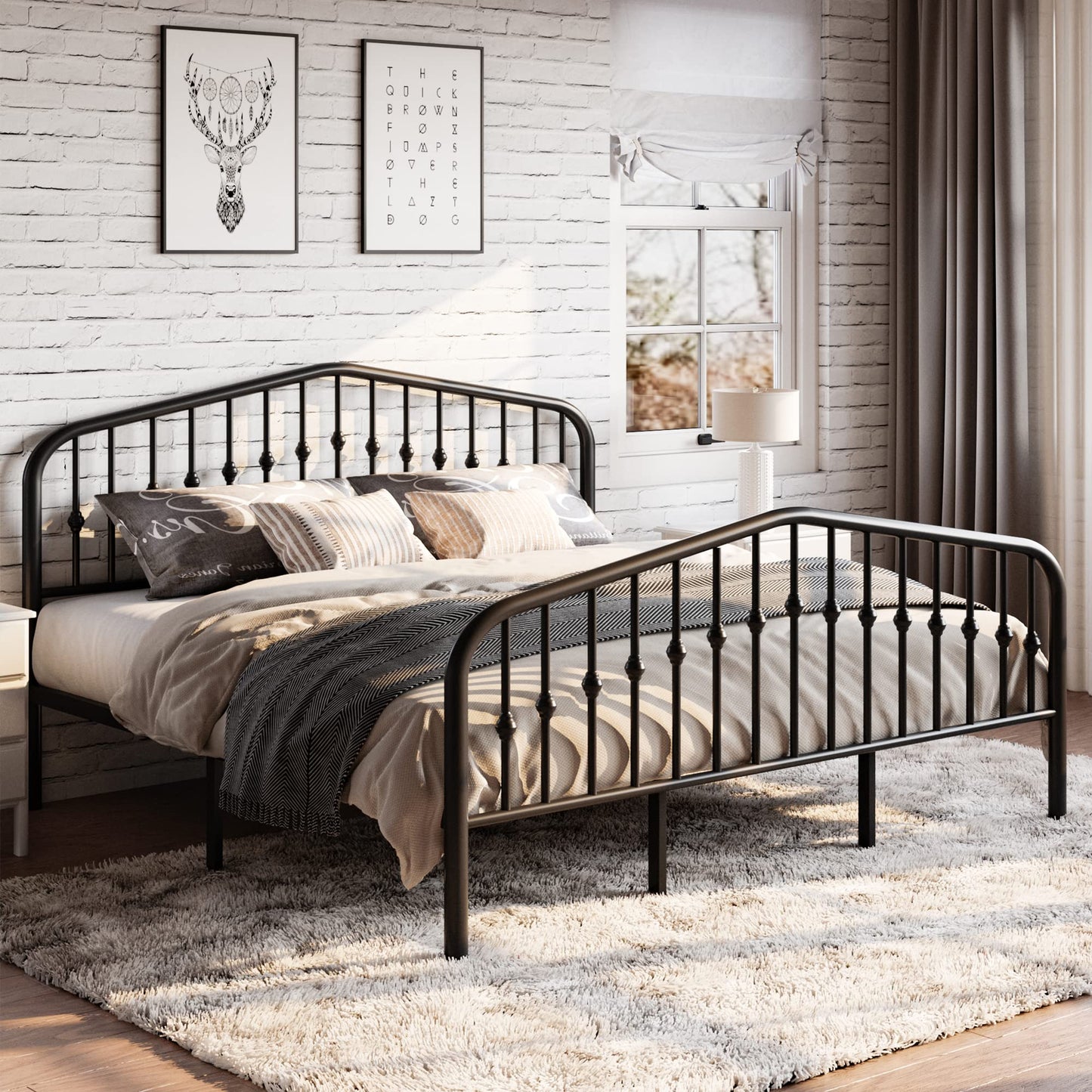 Victorian-Style King Size Metal Platform Bed Frame with Wrought Iron Headboard and Footboard in Black - WoodArtSupply