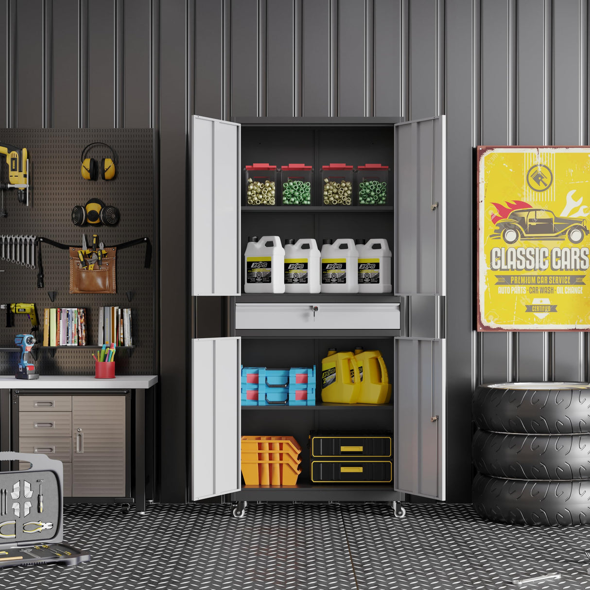 BYNSOE Metal Storage Cabinet with Wheels Metal Garage Cabinet with Adjustable Shelves Tool Storage Cabinet with 1drawer Steel Locker Cabinet with Lock for Home Garage(Black Gray-73 4 casters) BYNSOE