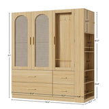 PAKASEPT 3 Doors Farmhouse Armoire Wardrobe Closet with Rattan,71'' Tall Freestanding Wooden Wardrobe Storage Cabinet for Bedroom with Hanging Rod,Vanity Mirror,Drawers,Clothes Hook,Shelves,Natural PAKASEPT