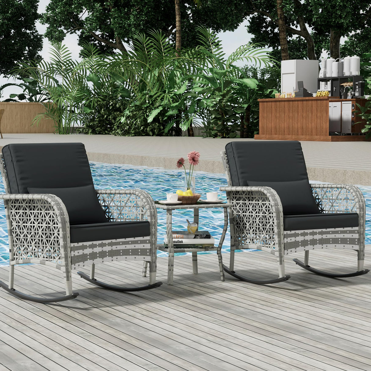 BALDPER 3 Piece Gray Wicker Patio Rocking Chair Set, Bistro Rocking Set, Outdoor Conversation Furniture with Porch Chairs and Glass Coffee Table, Slate Grey BALDPER