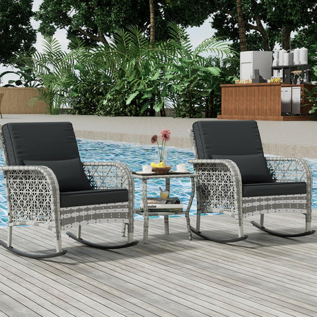 BALDPER 3 Piece Gray Wicker Patio Rocking Chair Set, Bistro Rocking Set, Outdoor Conversation Furniture with Porch Chairs and Glass Coffee Table, Slate Grey BALDPER