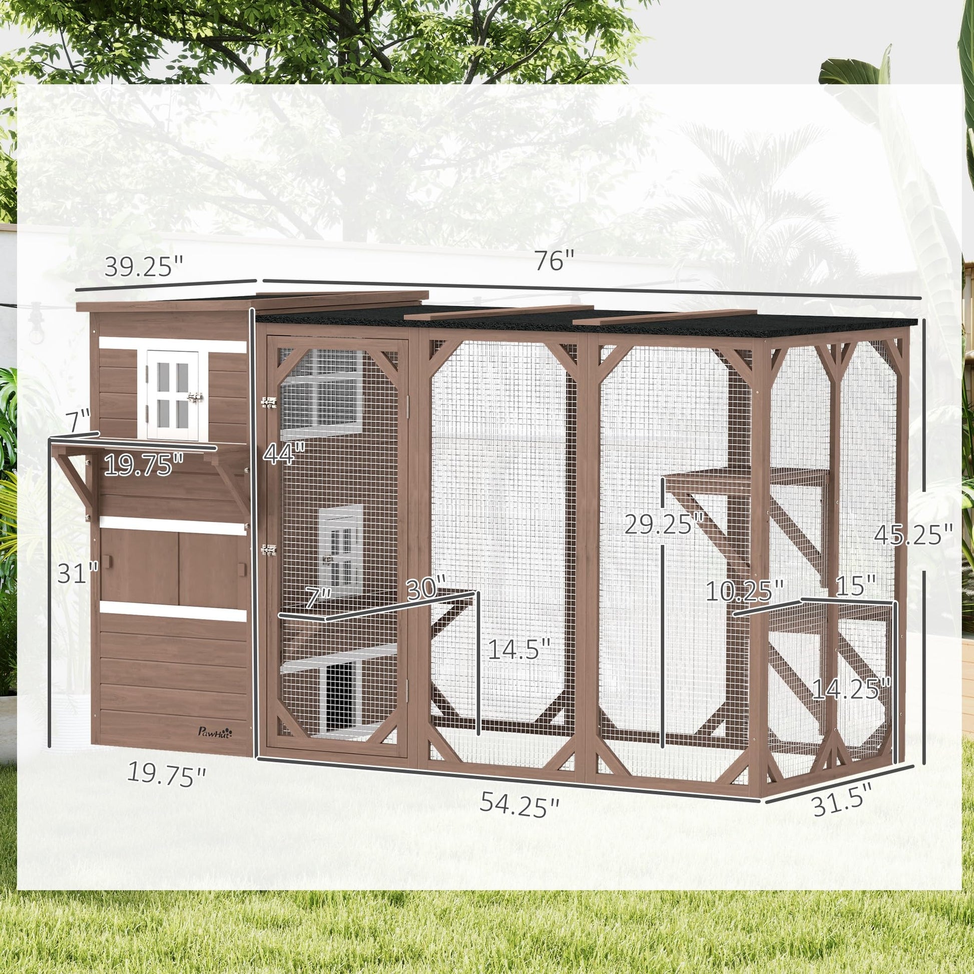 PawHut Outdoor Cat Catio, Large Wood Cat House Enclosure with Multi-Level Design, Weatherproof Roof, Big Hiding Areas, Multiple Platforms, Resting Box, Brown - WoodArtSupply