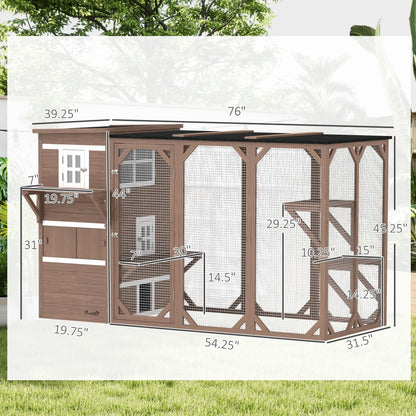 PawHut Outdoor Cat Catio, Large Wood Cat House Enclosure with Multi-Level Design, Weatherproof Roof, Big Hiding Areas, Multiple Platforms, Resting Box, Brown - WoodArtSupply