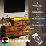 EKNKOZY Dresser with 8 Drawers, Chest of Drawers with LED Lights & Power Outlets, TV Stand Dresser for Bedroom, Wide Fabric Dresser with Shelf for Storage and Organization (Rustic Brown) EKNKOZY