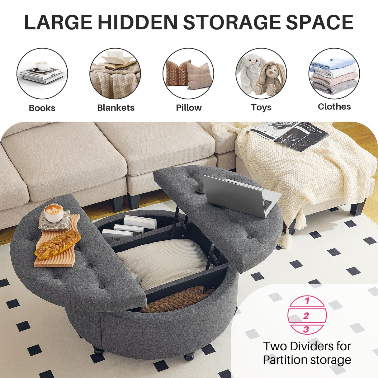 Redlife 35" Wide Round Ottoman with Storage, Storage Ottoman Coffee Table, Tufted Round Ottoman Coffee Table Linen Fabric Round Coffee Table Ottoman with Storage (Dark Grey) Redlifeᅟᅠ