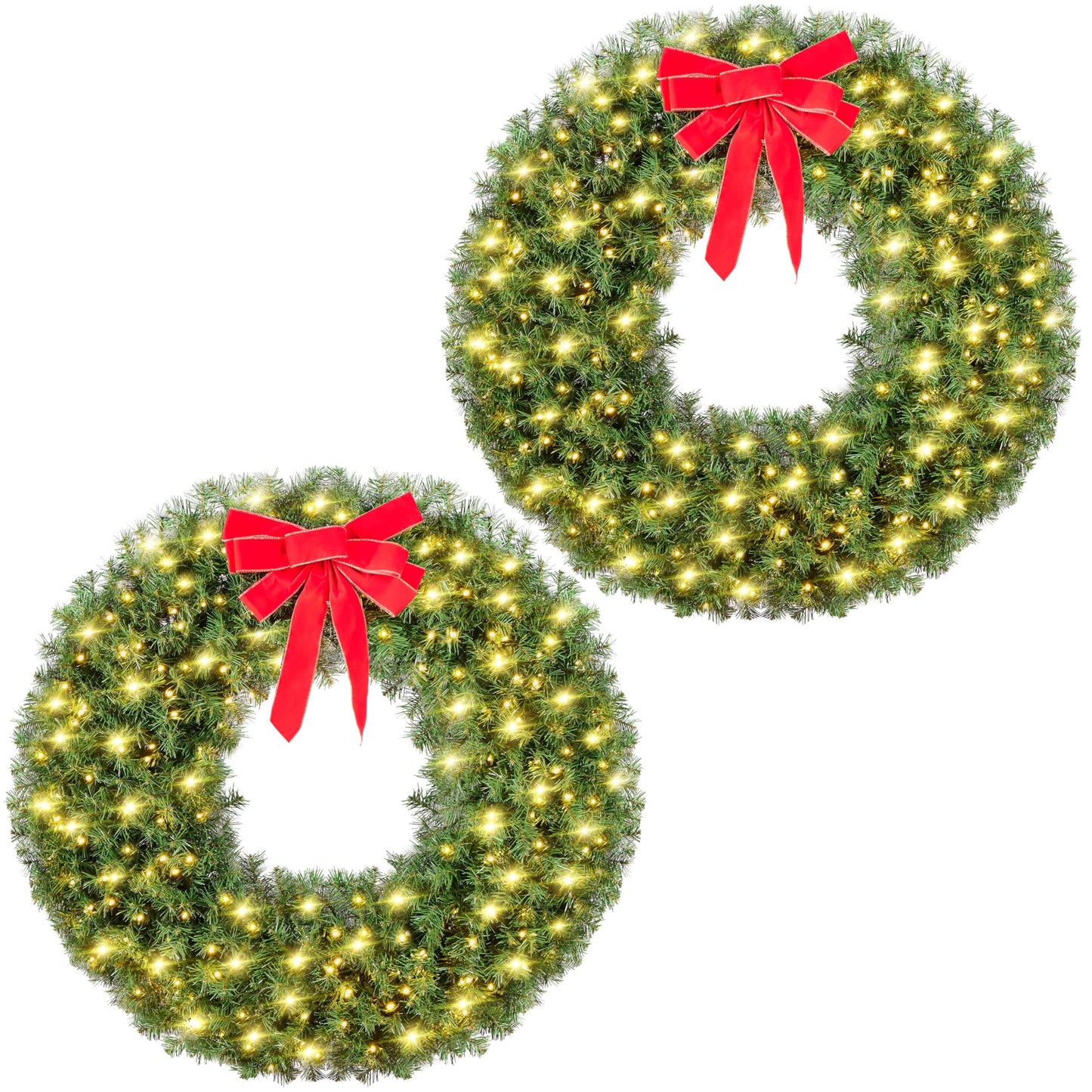 Yaheetech 2PCS 48in Large Artificial Christmas Wreath, Pre-lit Holiday Accent Decoration with Red Bow, 200 LED Lights & 720 PVC Tips, Metal Structure for Door Wall & Mantel