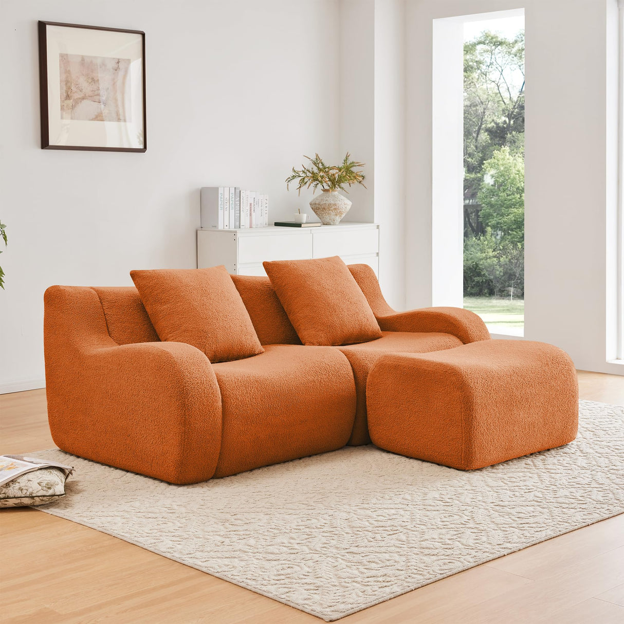 KEIKI 83" L-Shaped Teddy Modular Sectional Loveseat Sofa with 1 Ottoman & High-Density Foam Cushions & Curved Armrest & 2 Pillows, Streamlined Design Boneless 2-Seater Couch, for Living Room, Orange KEIKI