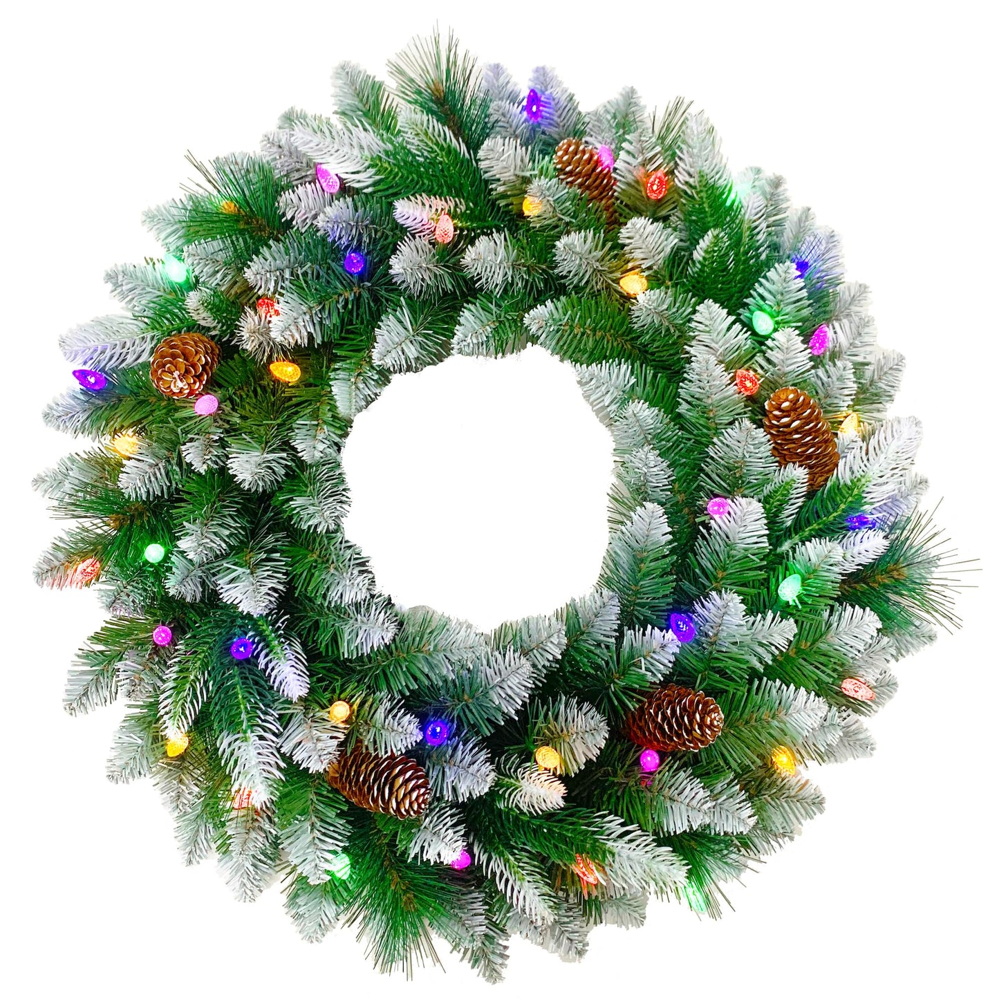 Assilyraft 26 inches Pre-lit Snow-Kissed Artificial Christmas Wreath with Pine Cones, 40 C3 Dual-Color Multi-Functional Battery Operated LED Lights with Timer