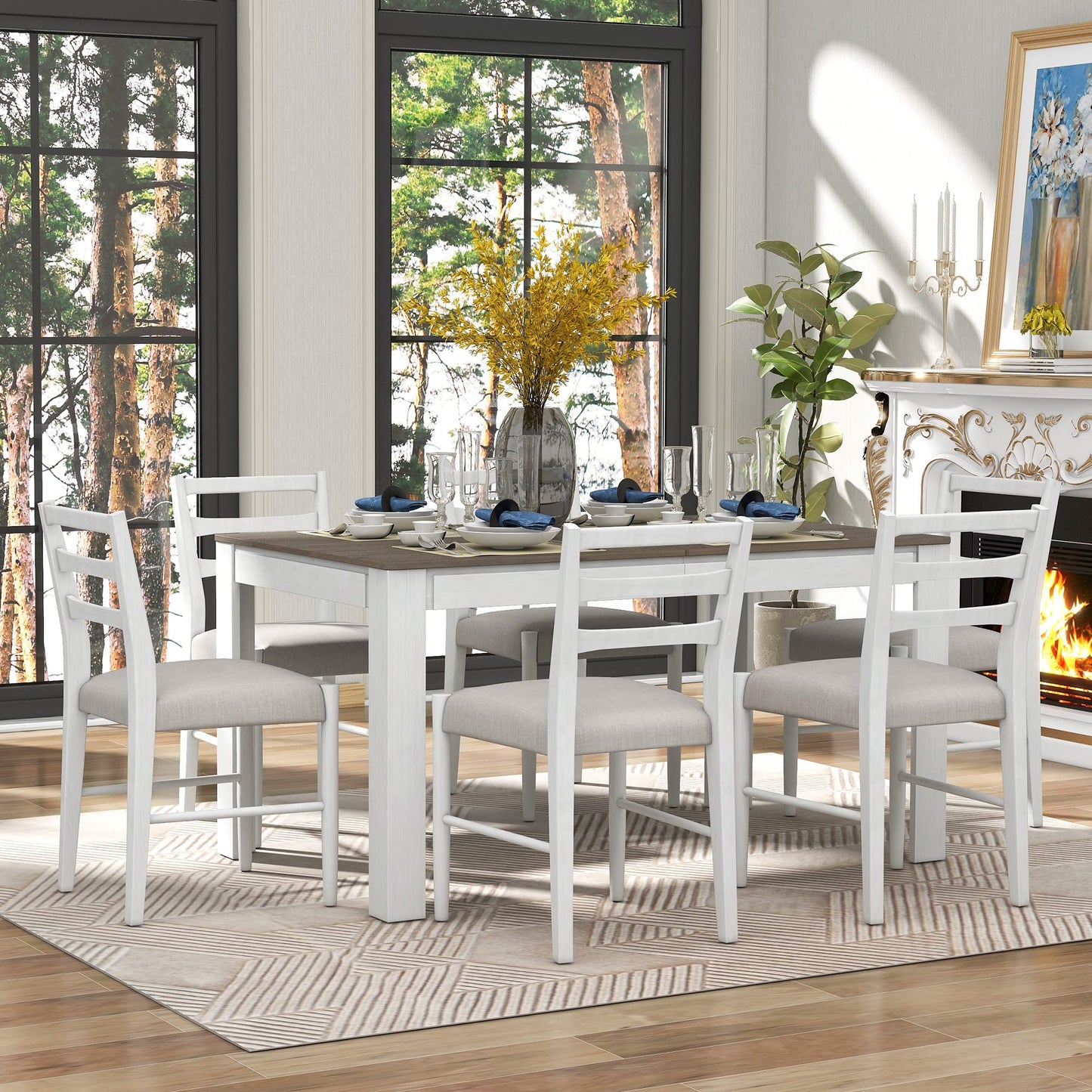 LUMISOL 7 Piece Dining Table Set, Extendable Kitchen Table Set with 12inch Leaf and 2 Storage Drawers, Farmhouse Dining Room Table Set with 6 Upholstered Chairs, Brown+White - WoodArtSupply