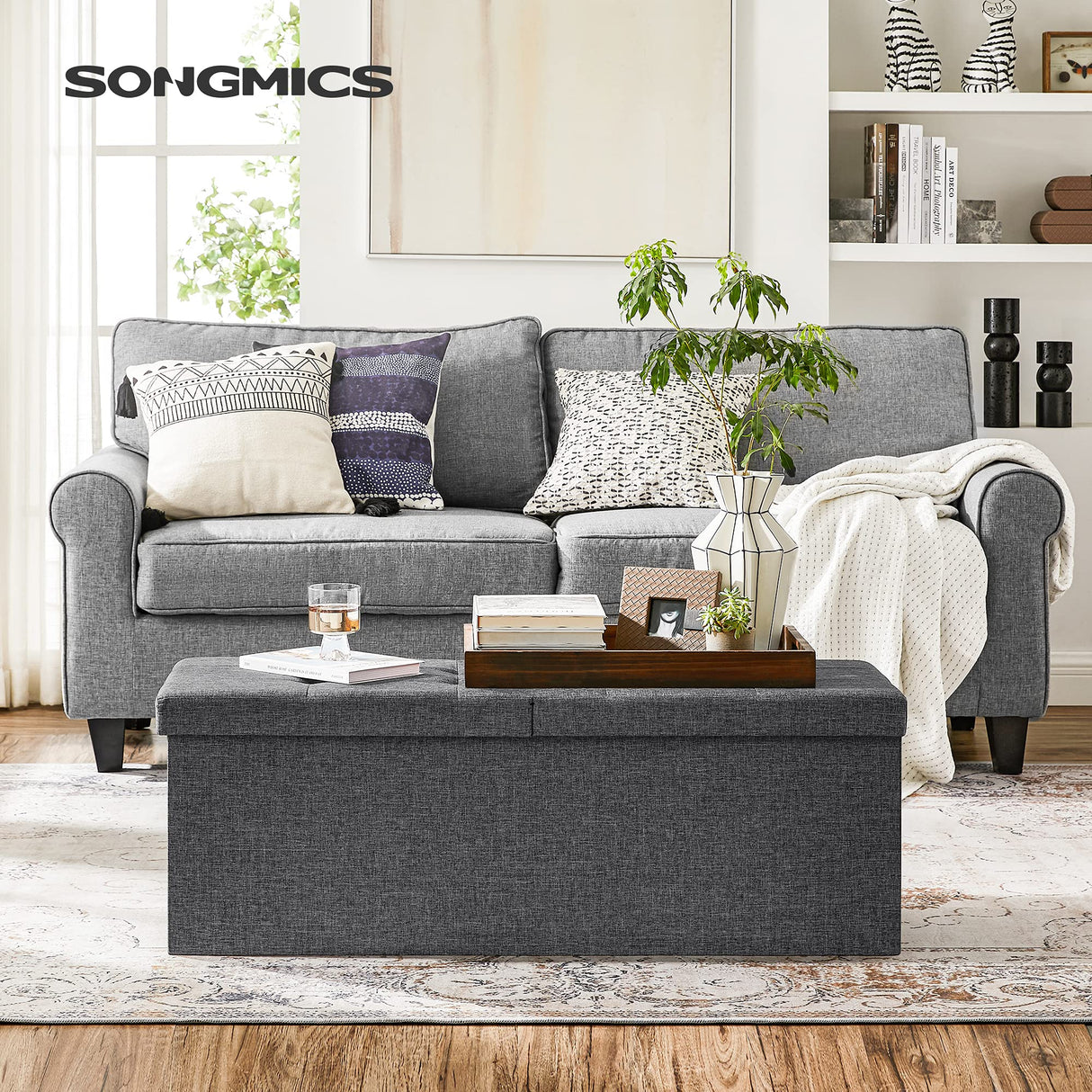 SONGMICS MAZIE Collection - 43 Inches Storage Ottoman, Foldable Storage Bench with Flipping Lid, 660 lb Load Capacity, for Entryway, Living Room, Bedroom, Dark Gray ULSF76GYZ SONGMICS