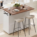 Farmhouse Kitchen Island with Beaded Drape, Rolling Kitchen Storage Cart on Wheels with Drop Leaf and Power Outlet, 3 Doors, 3 Drawers and Adjustable Shelves and Internal Storage for Dining Room MEETFAV