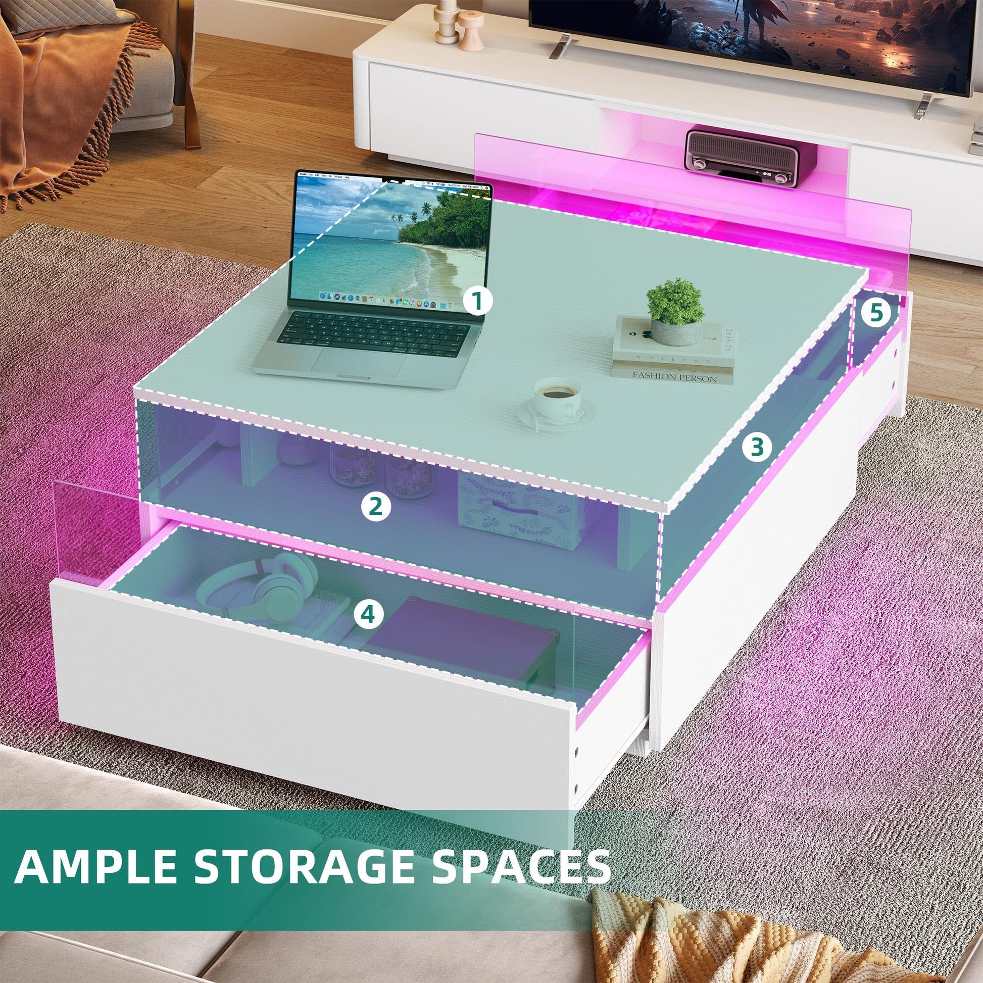 YITAHOME Coffee Tables for Living Room, Coffee Table with Storage, Square Coffee Table, Acrylic Coffee Table LED Coffee Table with 2 Sliding Drawers, Wood Center Table, White - WoodArtSupply