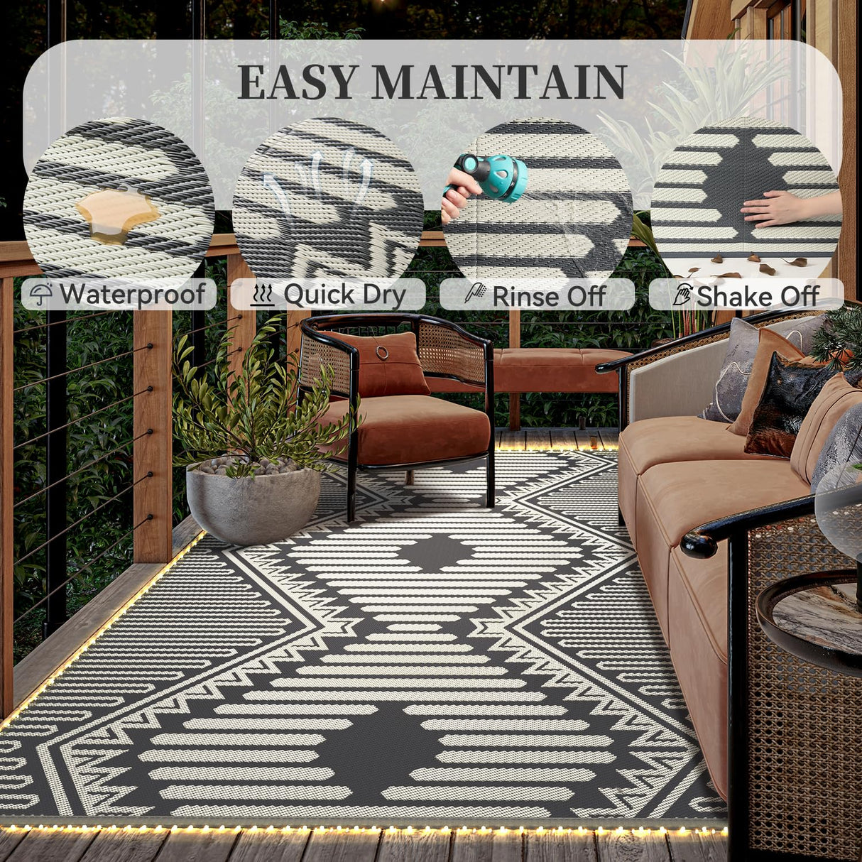 MontVoo Outdoor Rug with Led String Strip Lights 6x9 ft Waterproof Outdoor Patio Rug Mat Reversible Plastic Straw Rug Outside Outdoor Rug for RV Camping Picnic Balcony Fairy Boho Outdoor Decor MontVoo