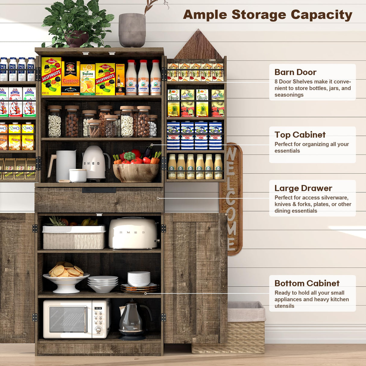 BOMETAO 72" Tall Kitchen Pantry Cabinet with X-Barn Doors, Farmhouse Storage Cabinets with Organizer, Drawer and Adjustable Shelves, Wood Cupboard for Kitchen, Dining Room, Bathroom, Rustic Brown BOMETAO