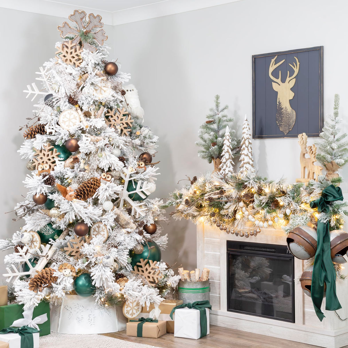 AuldHome Wooden Reindeer Christmas Statues (Set of 2); Primitive Style Mango Wood Holiday Figurines AuldHome Design