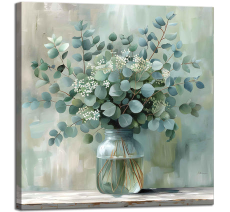 Eucalyptus Flower Glass Vase Canvas Wall Art Bathroom Decor Country Style Wall Decor Pictures Farmhouse Vintage Artwork Green Botanical Posters Prints for Bathroom Bedroom Decoration Donahue Art