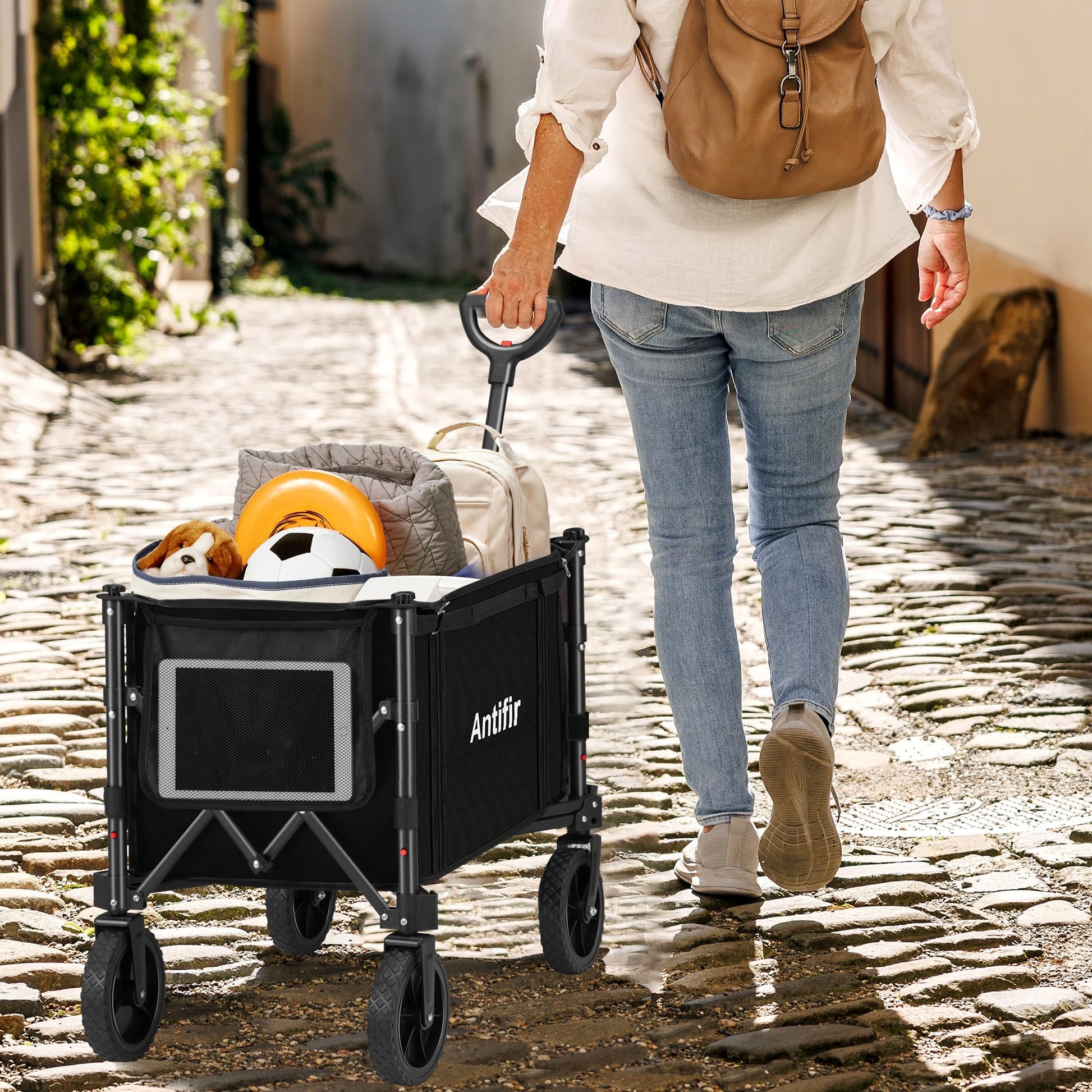 Antifir Collapsible Wagon with Large Capacity, Utility Wagons Carts Heavy Duty Foldable, Portable Folding Wagon with All-Terrain Wheels for Grocery Gardening Sports Shopping Fishing (Black) - WoodArtSupply