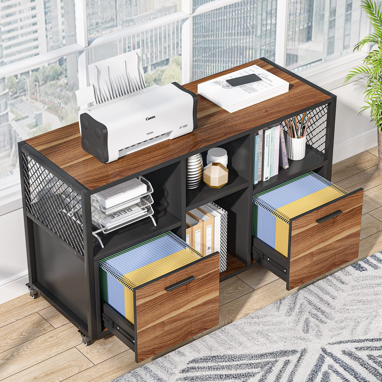 Tribesigns 2 Drawer Wood File Cabinets, Modern Mobile Lateral Filing Cabinet for Letter/ A4 Size, Printer Stand with Open Storage Shelves and Drawer for Home Office, Rustic Walnut Tribesigns