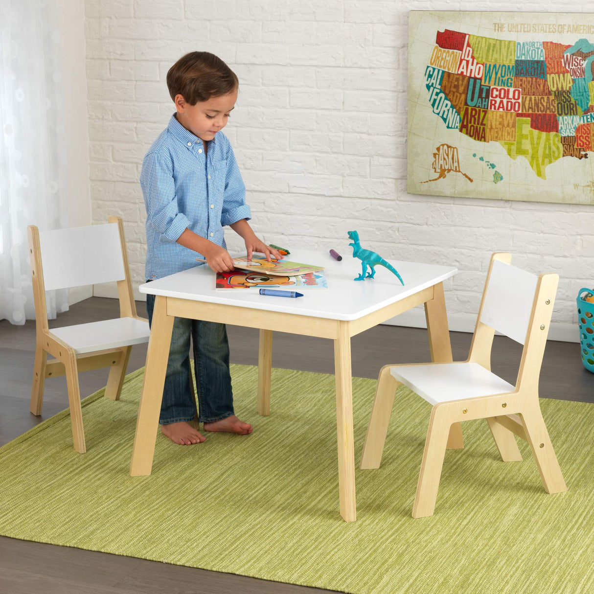 KidKraft Wooden Modern Table & 2 Chair Set, Children's Furniture, White & Natural, Gift for Ages 3-8 KidKraft