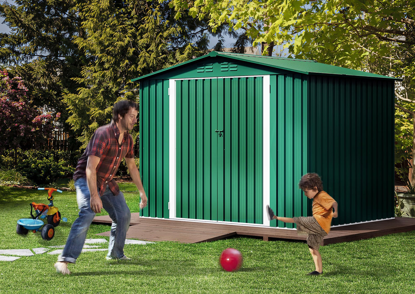 DWVO 8x6 FT Outdoor Storage Shed, Large Metal Tool Sheds, Heavy Duty Storage House with Lockable Doors & Air Vent for Backyard Patio Lawn to Store Bikes, Tools, Lawnmowers, Green