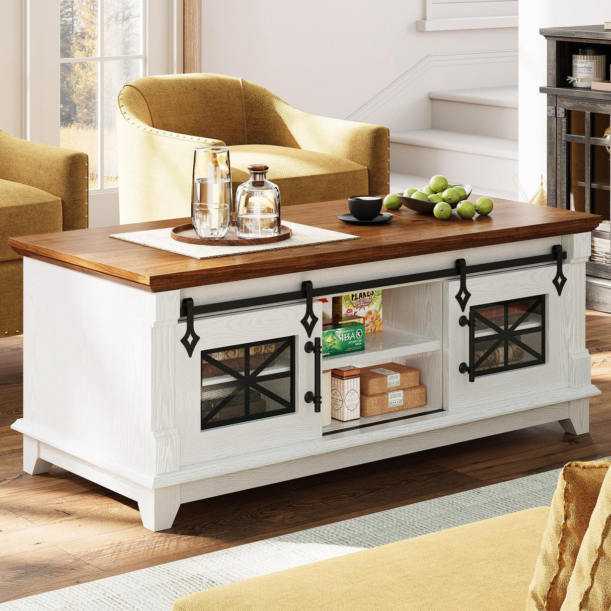 IRONCK 48'' Coffee Table with Sliding Barn Doors, Rustic Center Table with 6 Large Storage Space, Glass Doors and Adjustable Middle Shelf, Farmhouse Coffee Tables for Living Room, White IRONCK