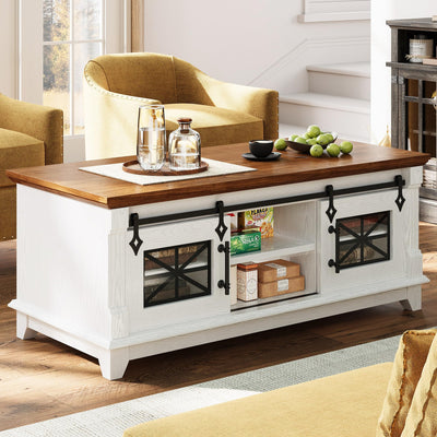 IRONCK 48'' Coffee Table with Sliding Barn Doors, Rustic Center Table with 6 Large Storage Space, Glass Doors and Adjustable Middle Shelf, Farmhouse Coffee Tables for Living Room, White