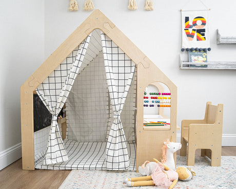 Avenlur Flair - 5 in 1 Indoor Playhouse with Desk Table, Chair, Chalkboard, Floor Cushion and Curtain Shades - Montessori and Waldorf Style for Ages 1 to 8 Years Old - (Large, Colorful Windowpane) Avenlur