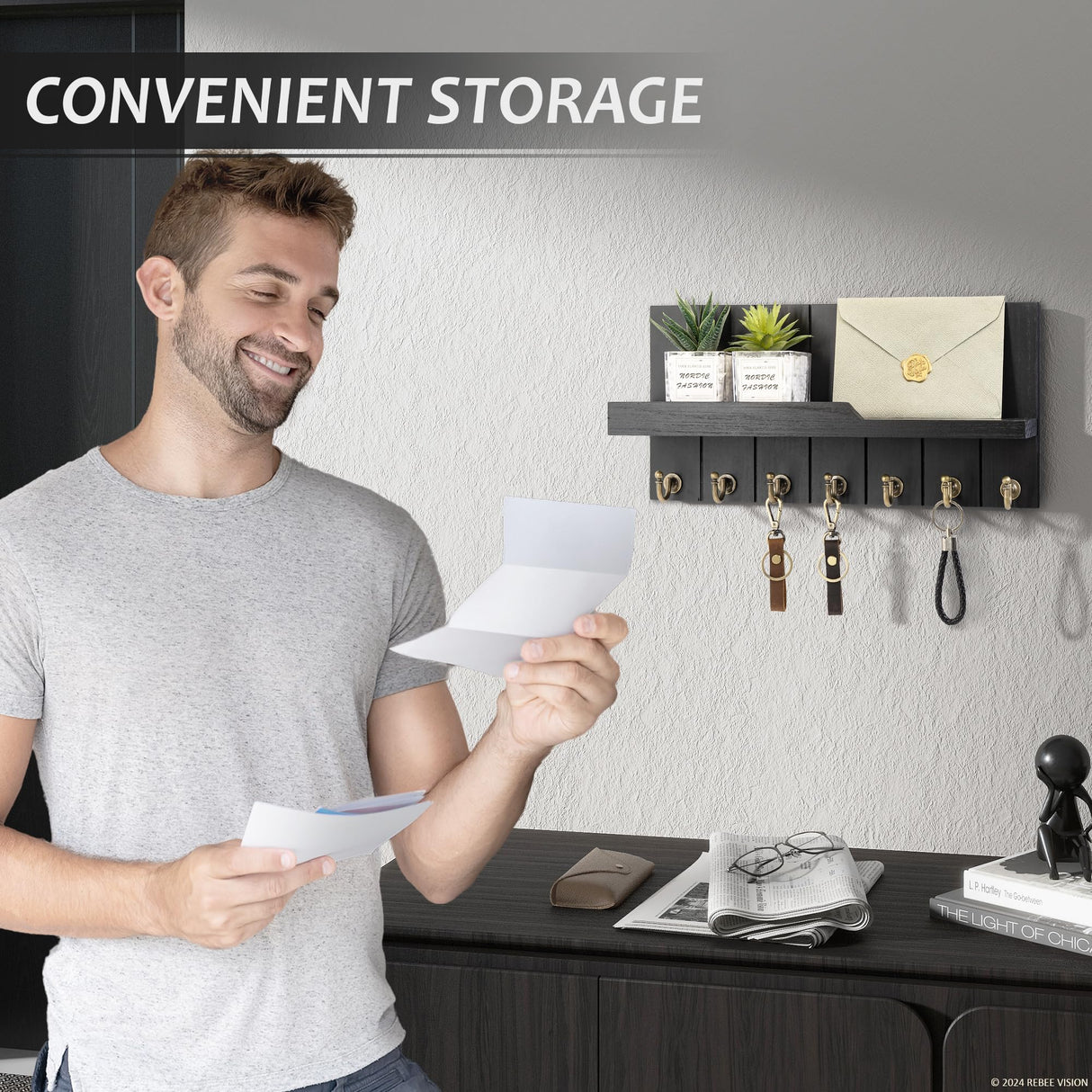 Rebee Vision Decorative Key and Mail Holder for Wall - Farmhouse 15 Inches Floating Shelf with 7 Sturdy Key Hooks for Home Entryway Wall Decor - Rustic Key Racks (Black) Rebee Vision