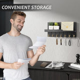 Rebee Vision Decorative Key and Mail Holder for Wall - Farmhouse 15 Inches Floating Shelf with 7 Sturdy Key Hooks for Home Entryway Wall Decor - Rustic Key Racks (Black) Rebee Vision