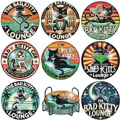 Yijingtop 8PCS Funny Cat Diamond Painting Coaster Kit with Holder,Bad Kitty Diamond Art Coasters,Crafts Kits for DIY Coasters Diamond Art Kits for Adults