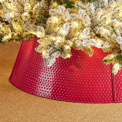 Glitzhome 40.5" D Christmas Red Hammered Metal Tree Collar, Decorative Tree Stand Cover Tree Ring for Christmas Decor