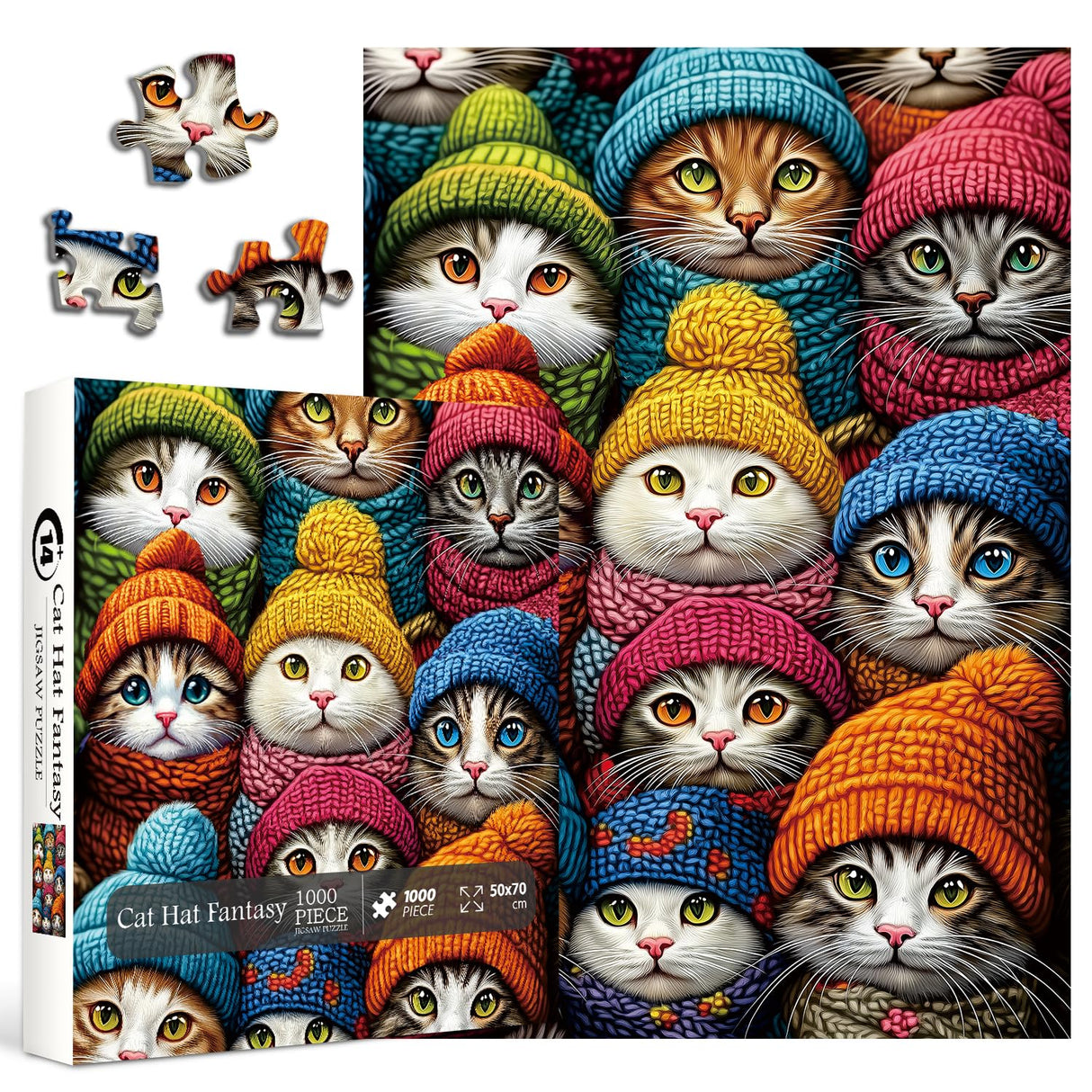Winter Cat Puzzles for Adults 1000 Pieces, Funny Kitten Jigsaw Puzzles, Fantasy Hat Kitty Animal Puzzle as Home Decor PPuzzling