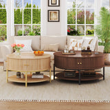 HUAHUU 31.5" Round Coffee Table with Storage, Mid Century Modern Coffee Table with Sliding Cabinet Door, Round Metal Legs, 3-Tier Small Round Coffee Tables for Living Room, Walnut HUAHUU