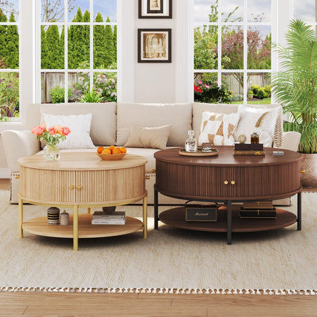 HUAHUU 31.5" Round Coffee Table with Storage, Mid Century Modern Coffee Table with Sliding Cabinet Door, Round Metal Legs, 3-Tier Small Round Coffee Tables for Living Room, Walnut HUAHUU
