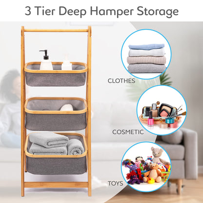 SerenelifeHome 3 Tier Fold Out Hamper Shelf Storage - Space Saving Collapsible Foldable Natural Bamboo Wooden Organizer Removable Baskets for Bedroom Bathroom Laundry Clothes Towels - WoodArtSupply