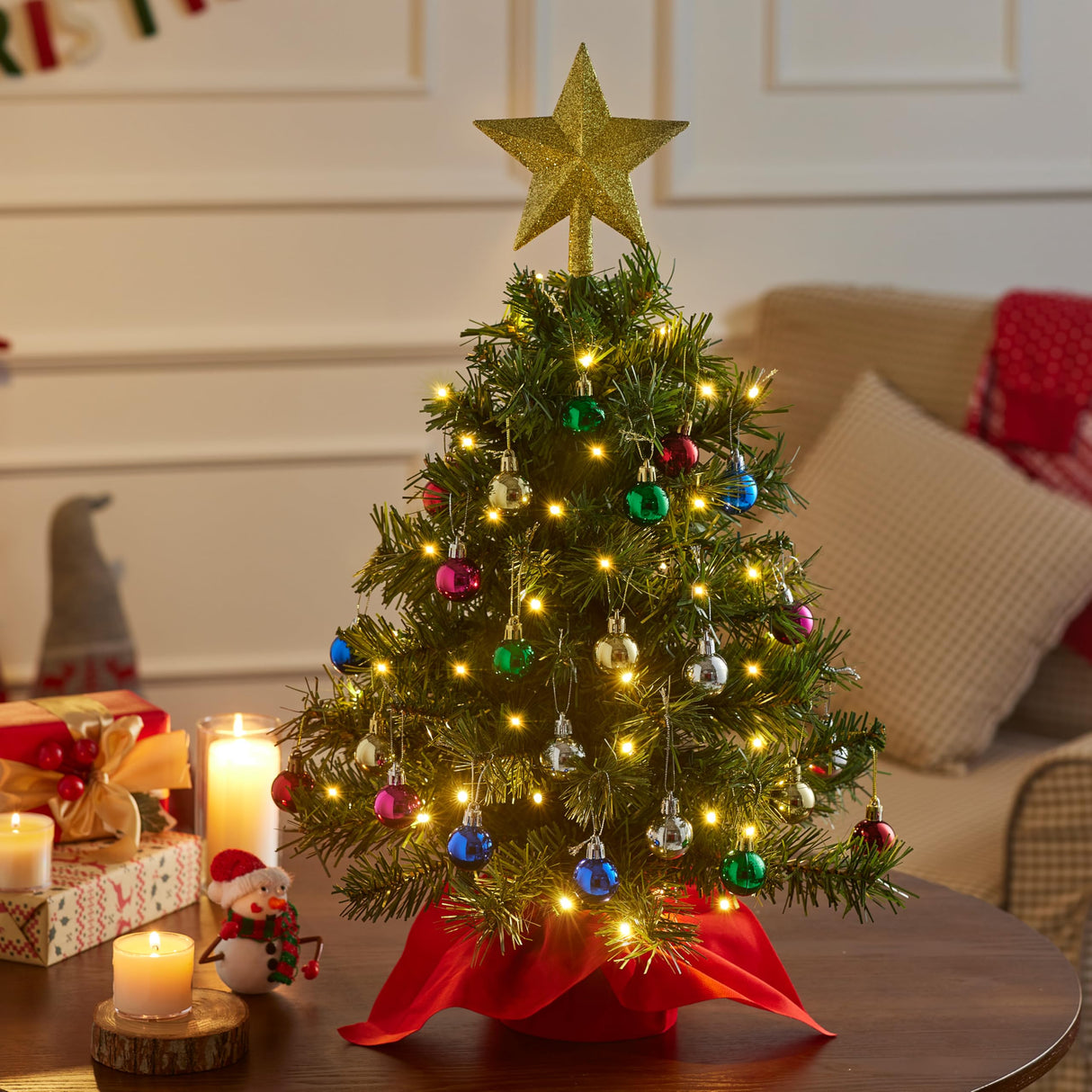 Joiedomi 24"/2FT Mini Christmas Tree Tabletop Set with Clear LED Lights, Artificial Mini Christmas Tree with Star Treetop and Hanging Ornaments, Best DIY Xmas Decorations Joiedomi