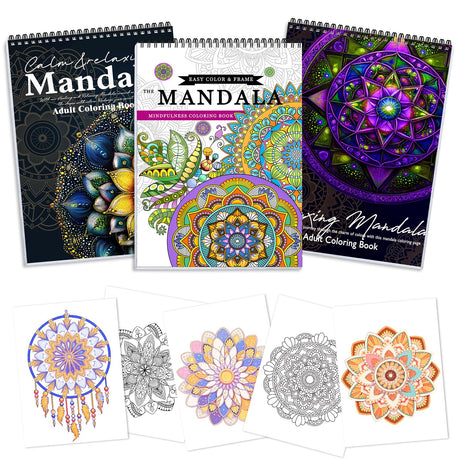 3Pcs Adult Coloring Book Spiral Bound, Mandala Coloring Book for Adult Relaxation, Original Design with 72 Patterns, Thick Paper One Sided Design, Hand-Drawn Design, Anxiety Relief Mindfulness Gifts CKMOREL