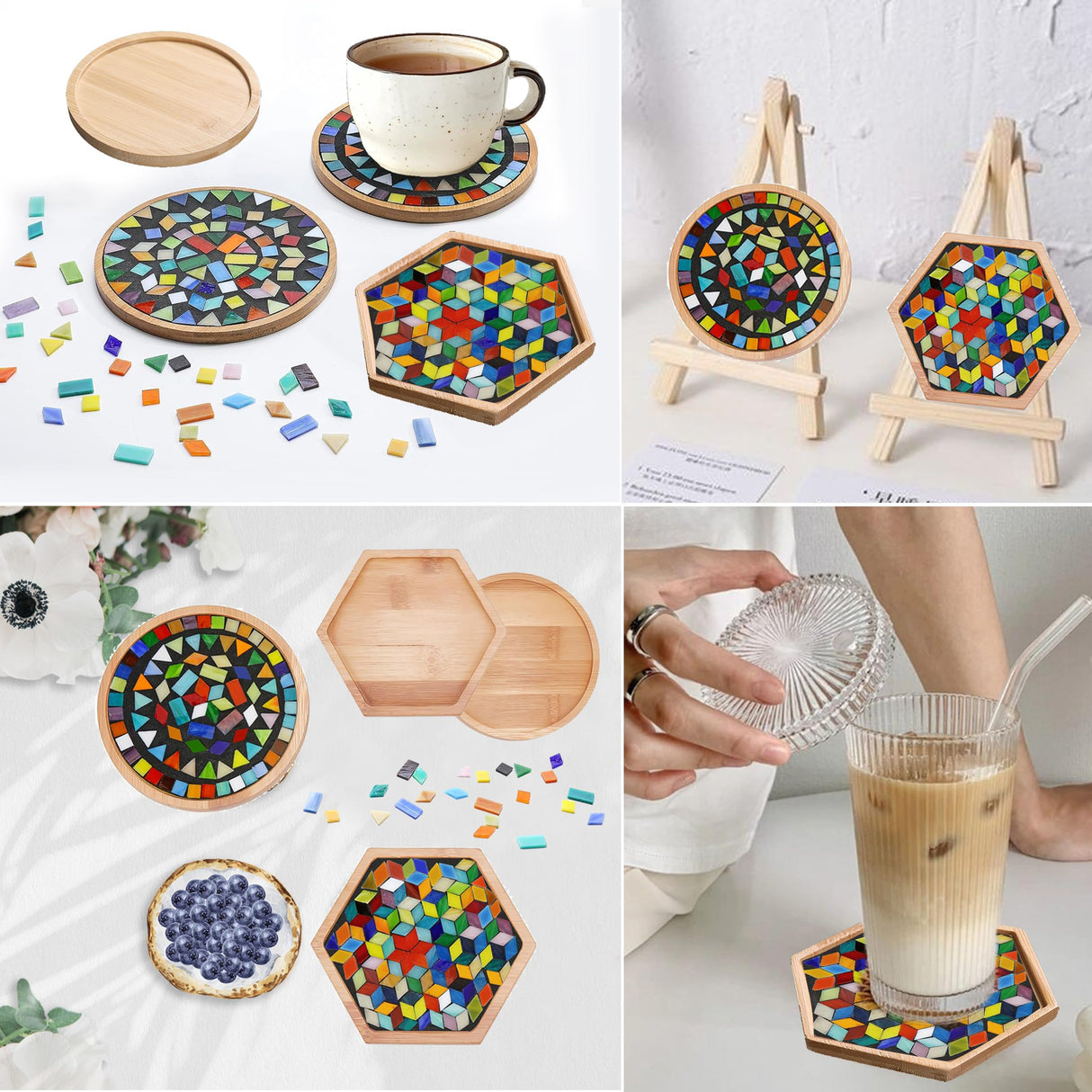 DIY Mosaic Tiles Crafts Kits for Adults, Mixed Stained Glass Mosaic Kit with 2 Sets Wooden Coaster Making Materials Package,Mosaic Adult Crafts for Women Kids Beginners Handmade Home Decor Gifts Nuyoach