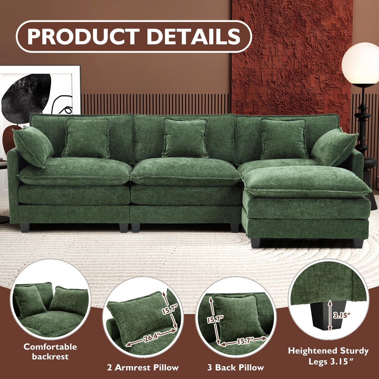 Ihanherry 111.4" L Shaped Modern Sofa Modular Sectional Cloud Couch with Ottoman, 4-Seat Chenille Deep Seat Sofa with Pillow for Living Room, Bedroom and Apartment, Green Ihanherry