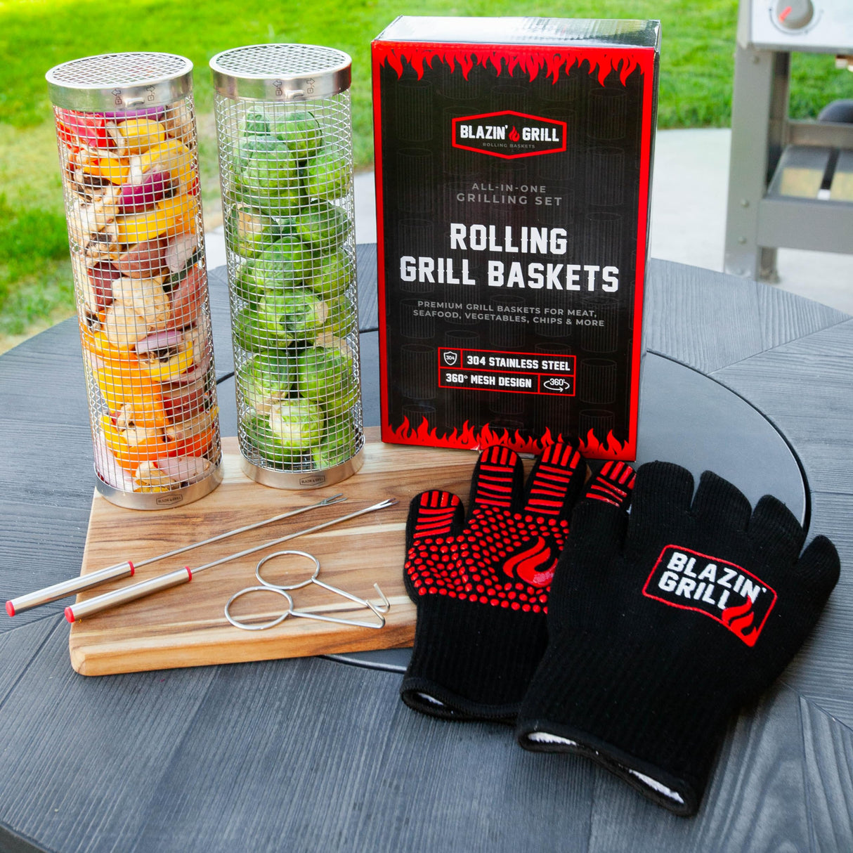 Blazin' Grill Rolling Grill Basket | Rolling Grilling Baskets for Outdoor Grilling 2 Pcs | Barbecue Grill Set with BBQ Gloves | Portable Camping Net Rack Perfect for Vegetables, Seafood & Meat | BLAZIN' GRILL