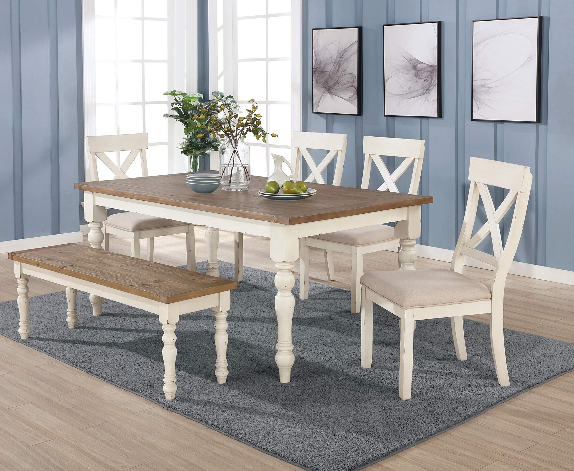 Roundhill Furniture Prato 6-Piece Dining Table Set with Cross Back Chairs and Bench, Antique White and Distressed Oak Finish - WoodArtSupply