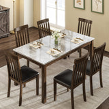 LUXOAK 7-Piece Solid Wood Dining Table Set, 71" Faux Marble Kitchen Table with 6 Chairs, Curved Backrests & PU Cushioned Seats, Perfect for Dining Room & Living Room LUXOAK