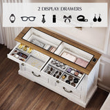 Lareth Farmhouse 6 Drawer Dresser for Bedroom 47 inch Wooden Double Chest of Drawers with Glass Top LED Lights Charging Station One Hidden Drawer Closet Dresser Tv Stand for Living Room, Antique White Lareth