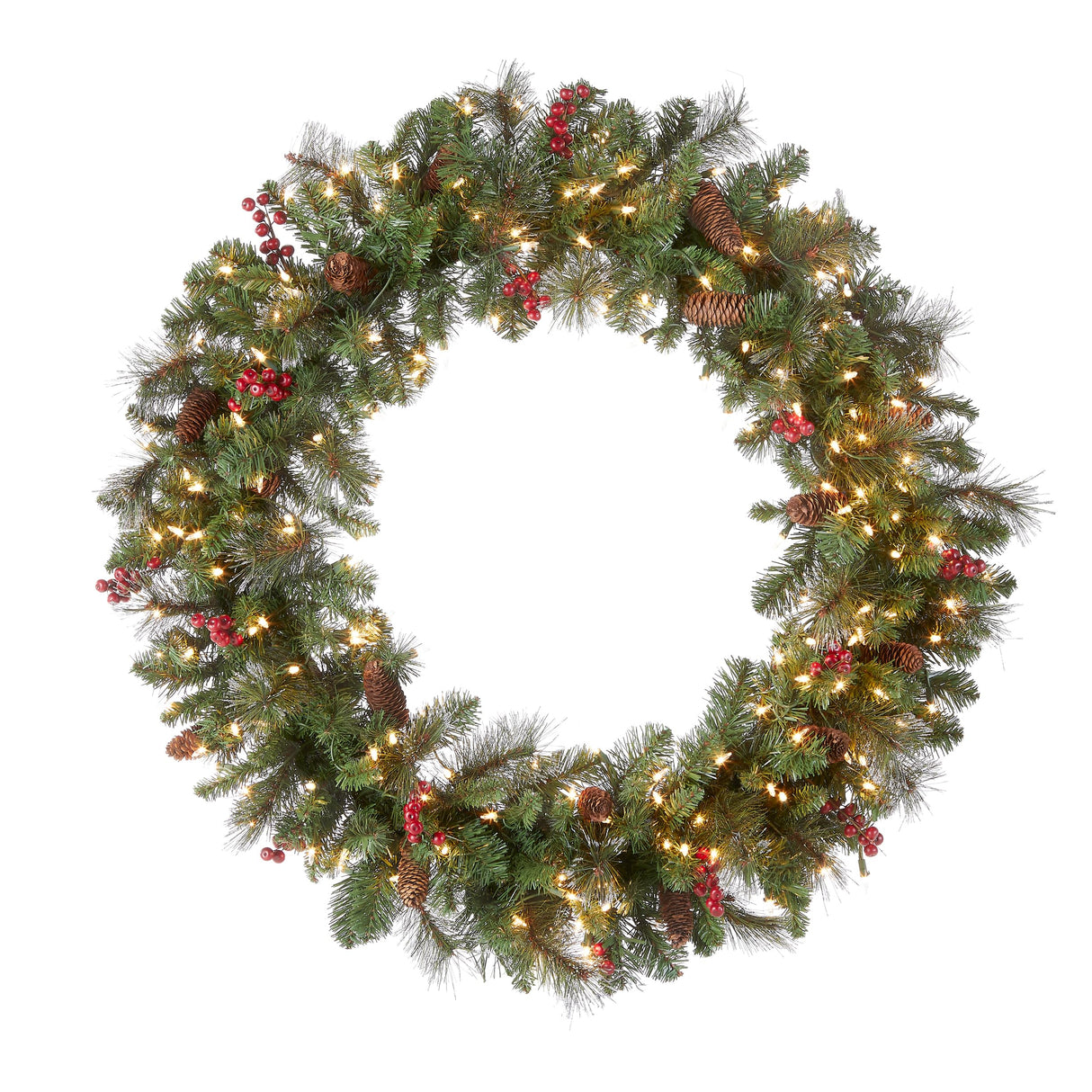 National Tree Company Pre-Lit Artificial Christmas Wreath, Green, Crestwood Spruce, White Lights, Decorated with Pine Cones, Berry Clusters, Frosted Branches, Christmas Collection, 36 Inches National Tree Company