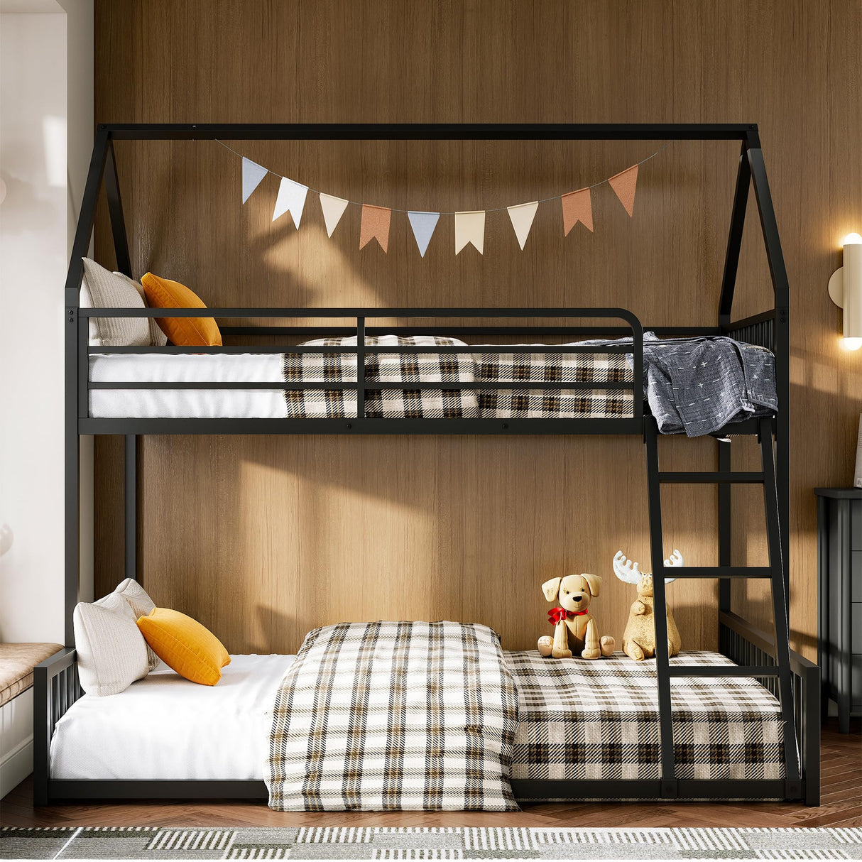 LIKIMIO Bunk Bed Twin Over Full Size, House Bunk Bed Frame with Ladder and Guardrail, House Shaped with Metal Slats Support No Box Spring Needed Space Saving for Bedroom and Dorm, Black LIKIMIO